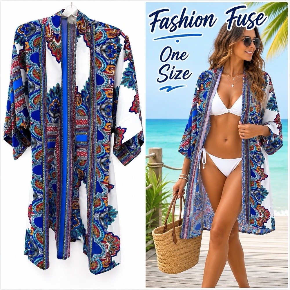 Fashion Fuse One Size Paisley Kimono Swim Cover Up Boho Open Front Resortwear